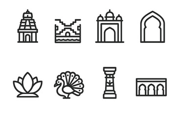 Fototapeta premium Indian Architecture Icons. Outline icon set of Indian architecture: temple tower, stepwell, palace gate, archway, lotus dome, peacock motif, carved pillar,