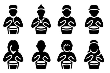 Djembe Icons Grid. Solid, filled icon set of djembe famous players: Mamady Keita, Famoudou Konate, Babatunde Olatunji, Sekou Diabate, Bolokada Conde, Michael