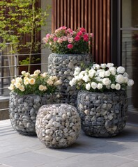 A captivating outdoor display showcasing various rose plants in decorative wire-mesh planters filled with stones.