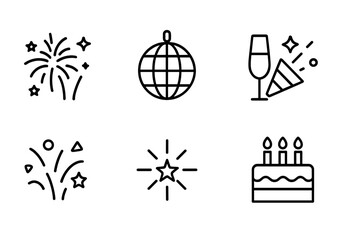 Fototapeta premium Celebration Icons Set. Outline icon set of glitter celebrations: fireworks, disco ball, champagne glass with sparkle, party popper, confetti, star burst,