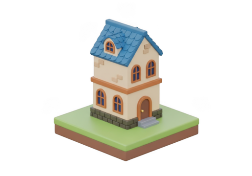 Cute cartoon house on a green lawn isolated on transparent background, miniature house