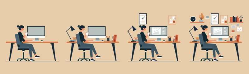 Colorful Business Woman Working at Desk with Computer Icon Sheet