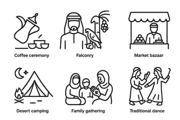 Emirati Life Icons. Outline icon set of Emirati daily life: Coffee ceremony, Falconry, Date harvesting, Market bazaar, Desert camping, Family gathering, Henna