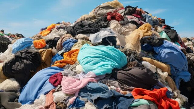 Aerial view of a massive pile of discarded clothes under a clear sky, highlighting environmental issues. Perfect for a documentary video concept. Live desktop wallpaper.