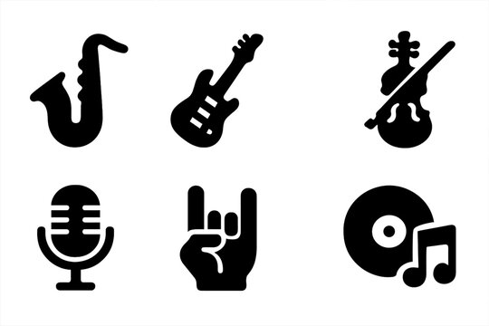 Music Genre Icons. Solid, filled icon set of solo genres: jazz, rock, blues, classical, pop, metal, funk, soul. Solid, filled icons in only black color. All