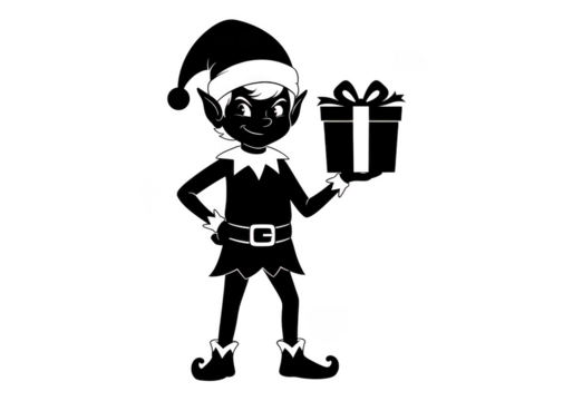 Silhouette of a cheerful christmas elf holding a gift isolated on transparent background