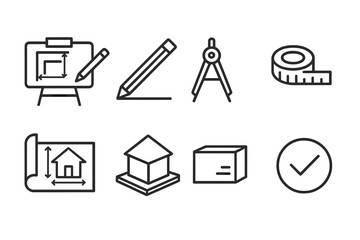 Fototapeta premium Outline Icon Sets. Outline icon set of dimensioning process: drawing board, pencil, ruler, compass, measuring tape, blueprint, scale model, checkmark. [Line