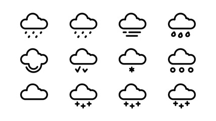 Weather forecast icons depicting rain drizzle overcast and snow conditions for use in weather applications and meteorological reports providing a clear visual representation