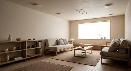 Fototapeta premium A minimalist living room bathed in natural light features neutral tones, wooden furniture, and simple decor, creating a serene, inviting, and organized space for relaxation and modern living.