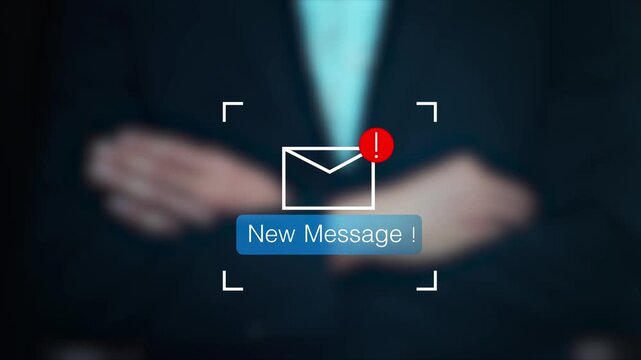 Businessman touching new message notification icon on virtual screen, representing digital communication, email alert, online messaging system, instant response, and business connectivity.