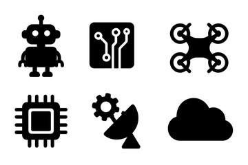 Technology Icons Grid. Solid, filled icon set of technology curiosity: robot, circuit board, VR headset, drone, computer chip, gears, satellite dish, data