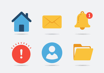 A collection of six flat design icons representing common digital interface elements.