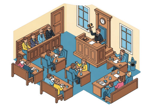 Isometric view of a courtroom scene with judge, jury, lawyers, and defendants isolated on transparent background