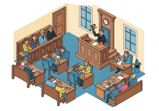 Isometric view of a courtroom scene with judge, jury, lawyers, and defendants isolated on transparent background