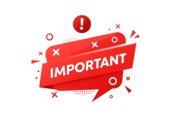 Red important banner with exclamation mark and abstract shapes isolated on transparent background