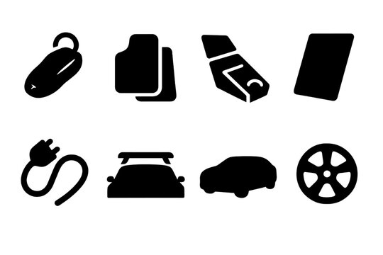 Tesla Accessories Icons. Solid, filled icon set of Tesla accessories: car key, floor mats, center console, screen protector, charging cable, roof rack, car