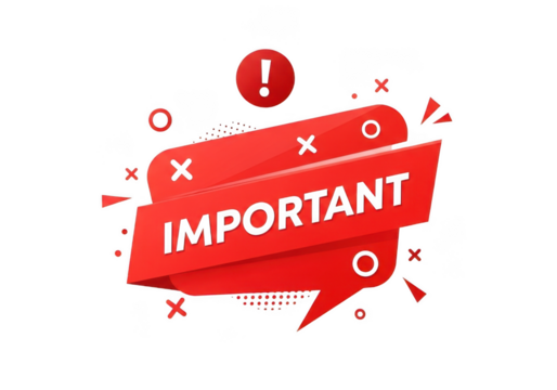 Red important banner with exclamation mark and abstract shapes isolated on transparent background