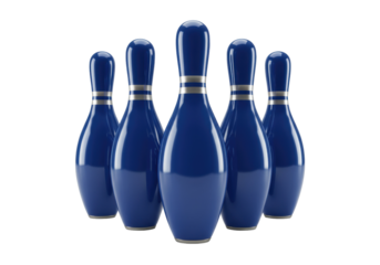 Group of blue bowling pins isolated on transparent background, sport equipment for bowling alley and recreation