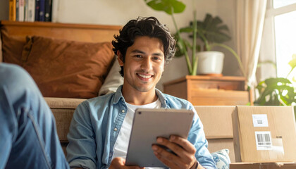 A young man sits on the floor of his living room, surrounded by cardboard boxes, holding a tablet and smiling directly at the camera. He appears to be engaged in online shopping or managing a recent