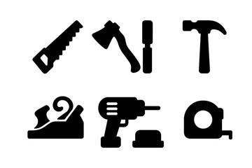 Woodworking Tools Icons. Solid, filled icon set of wood tools: saw, axe, chisel, hammer, plane, drill, sanding block, measuring tape. [Line icons in only black