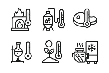 Industrial Thermometer Icons. Outline icon set of thermometer industrial applications: furnace temperature, chemical reactor, HVAC system, food processing,