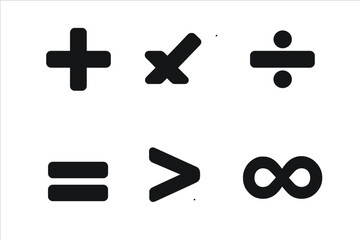 Fototapeta premium Mathematical Symbols Grid. Solid, filled icon set of mathematical symbols: plus, minus, multiplication, division, equal, greater than, less than, infinity.