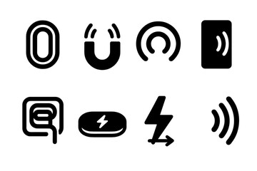 Wireless Charging Icons. Solid, filled icon set of wireless charging technology: inductive coil, magnetic field, energy waves, power transmitter, receiver