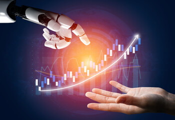 This image captures the profound connection between technology and humanity, showcasing a robotic hand reaching towards a human hand amidst financial growth symbols. Impute
