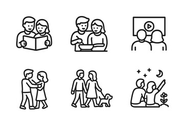 Naklejka premium Affectionate Activities Icons. Outline icon set of affectionate activities: reading together, cooking, watching movie, dancing, walking dog,