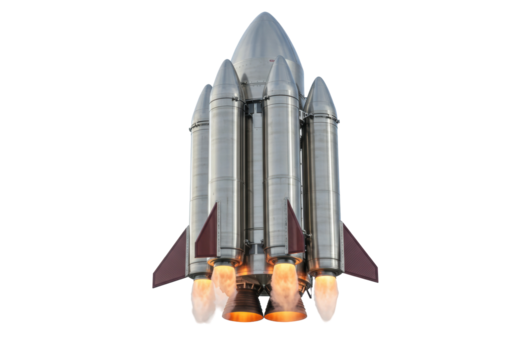 Silver space rocket launching isolated PNG, futuristic spacecraft with boosters and exhaust flames on transparent background, space exploration concept