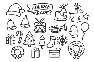 Holiday Parade Icons. Hand-drawn doodle illustration Holiday parade Santa hat, sleigh, reindeer, star, bell, candy cane, drum, trumpet, balloon, gift box,