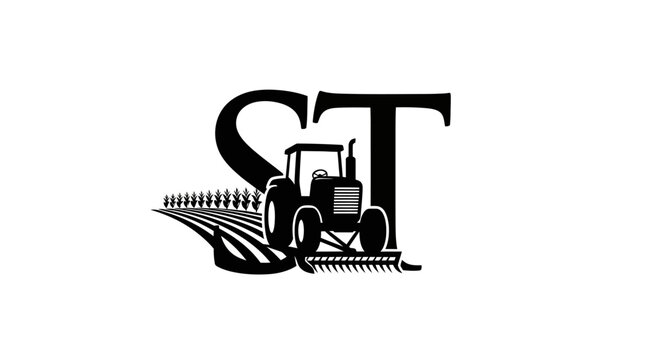 Elegant initial ST logo featuring a tractor and cultivated field emblem in black and white