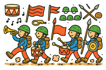 Naklejka premium Colorful Marching Troops. Marching troops. Colorful Hand-drawn doodle Children illustration marching troops boots, drums, flag, bugle, line of helmets,