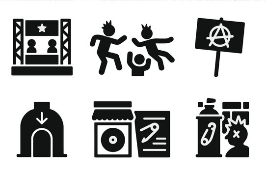 Punk Culture Icons. Solid, filled icon set of punk events and culture: concert stage, mosh pit, crowd surfing, protest sign, underground club, record store,