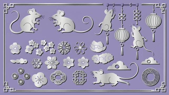 Silver chinese new year paper cutouts featuring rats flowers clouds lanterns and coins on a light purple background in a decorative frame celebrating the year of the rat with traditional designs