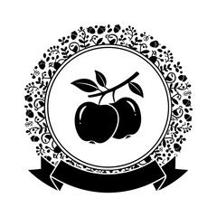 Vector art of black and white illustration of two apples on a branch within a floral circular frame and a banner © Sojib