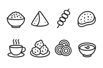 Pakistani Food Icons. Outline icon set of Pakistani food: biryani, samosa, kebab, naan bread, chai tea, pakora, jalebi, chutney bowl. Line icons in only black