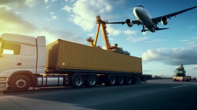 Dynamic low-angle shot of a truck and airplane in a port, capturing the essence of global logistics. Ideal for a transportation video theme. Live desktop wallpaper.