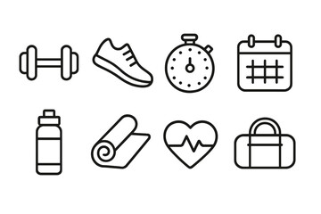Fitness Icon Set. Outline icon set of fitness and workout schedules: dumbbell, running shoe, stopwatch, calendar, water bottle, yoga mat, heart rate monitor,