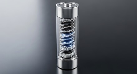Modern sleek stainless steel and clear acrylic salt or pepper grinder with visible peppercorns and spiral mechanism against a reflective dark gray background studio shot