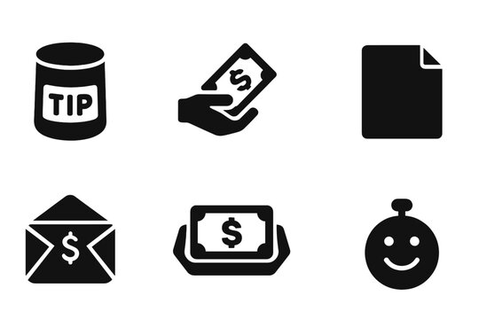Cash Tips Icons. Solid, filled icon set of cash tips and gratuity: tip jar, hand giving money, dollar coin, thank you note, cash envelope, tip tray, smiling