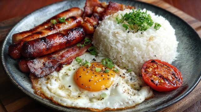 Traditional filipino breakfast plate with fried eggs, grilled sausages, crispy bacon strips, fluffy steamed rice, and a roasted tomato, representing comfort food and morning meals