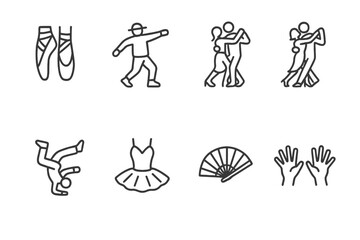 Fototapeta premium Dance Style Icons. Outline icon set of dance styles: ballet shoes, hip hop dancer, salsa couple, tango pose, breakdance move, ballet tutu, flamenco fan, jazz