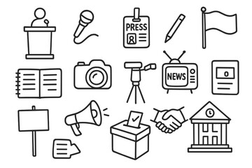 Fototapeta premium Political Journalism Icons. Hand-drawn doodle illustration Political journalism podium, microphone, flag, press badge, notebook, camera, tripod, television,