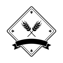 Vector art of black and white illustration of two crossed wheat stalks within a diamondshaped frame with a banner below