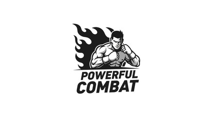 Fierce Warrior: Striking Monochrome Boxer Logo with Fiery Emblems and Bold Typography