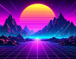 Retro Futuristic Mountain Landscape.