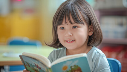 Young girl engrossed in reading a colorful book, smiling with joy.