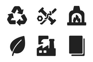 Cobalt Recycling Icons. Solid, filled icon set of cobalt recycling: recycling arrows, scrap metal, recycling bin, furnace, remelt, metal sheet, eco leaf,