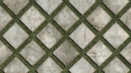Interlocking concrete paving stones forming a textured grid pattern, with vibrant green grass growing between the uniformly arranged square paver units